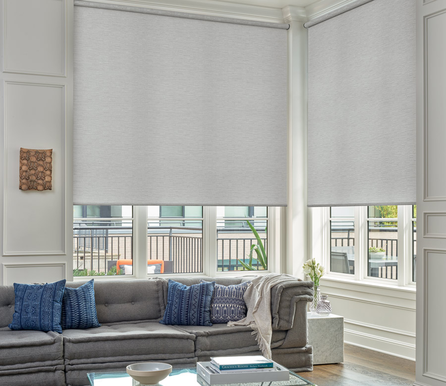 gray designer roller shades in corner of Cleveland OH home