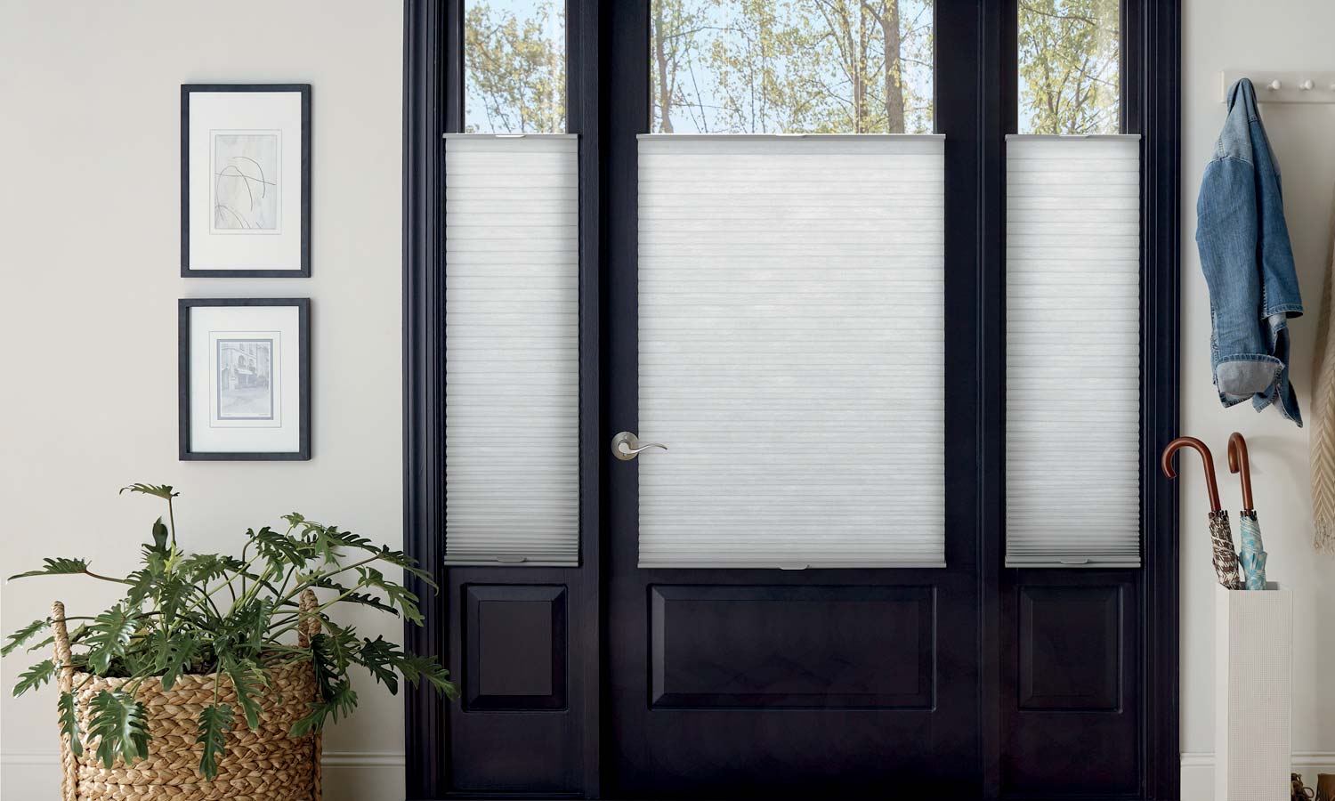 honeycomb shades for covering sidelights and entryway glass doors