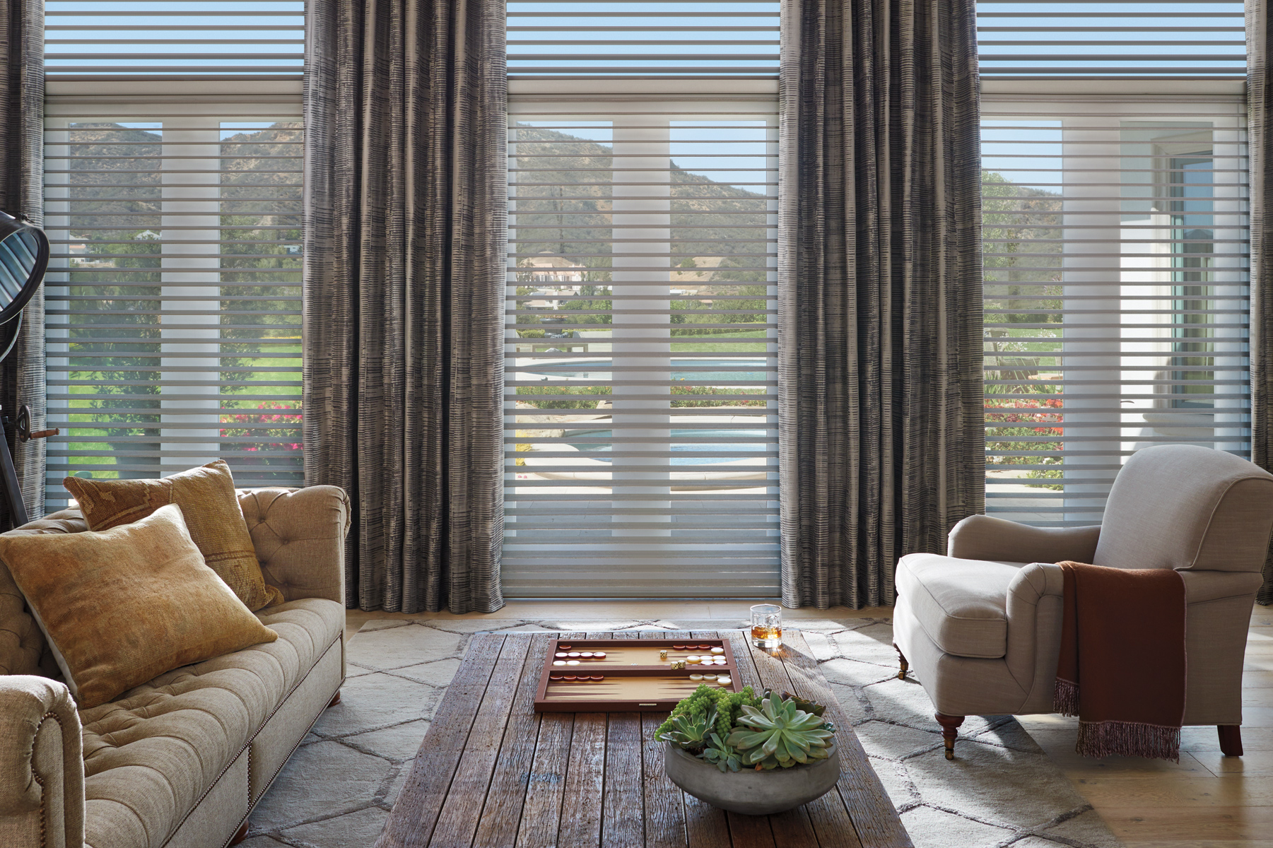 living room floor to ceiling blinds Hunter Douglas remote control blinds cleveland 44125