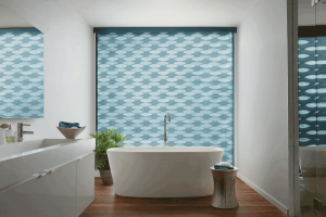 designer banded shades blue bathroom shades wood floor Hunter Douglas shades Chagrin Falls 44022