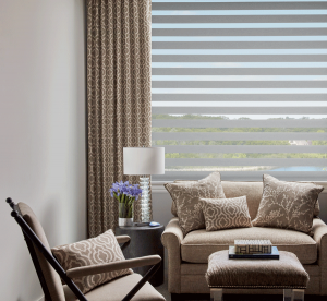 layer window treatments with base shade and drapery panels Chagrin Falls OH