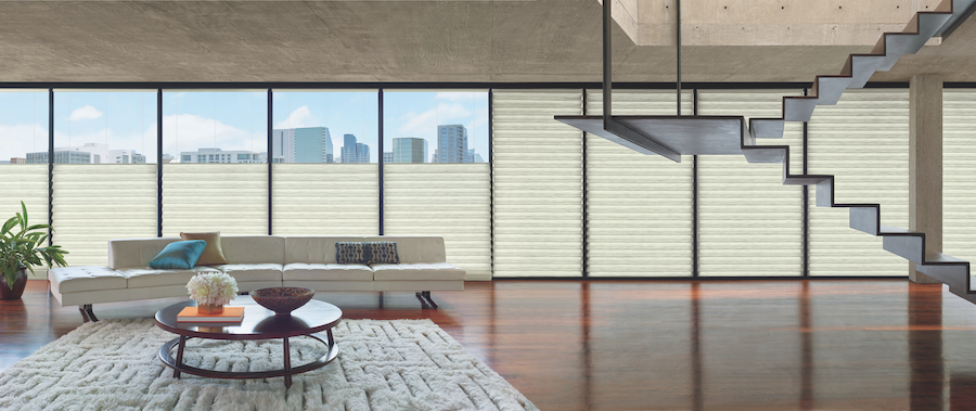 Modern roman shades in loft area, Cleveland, OH.