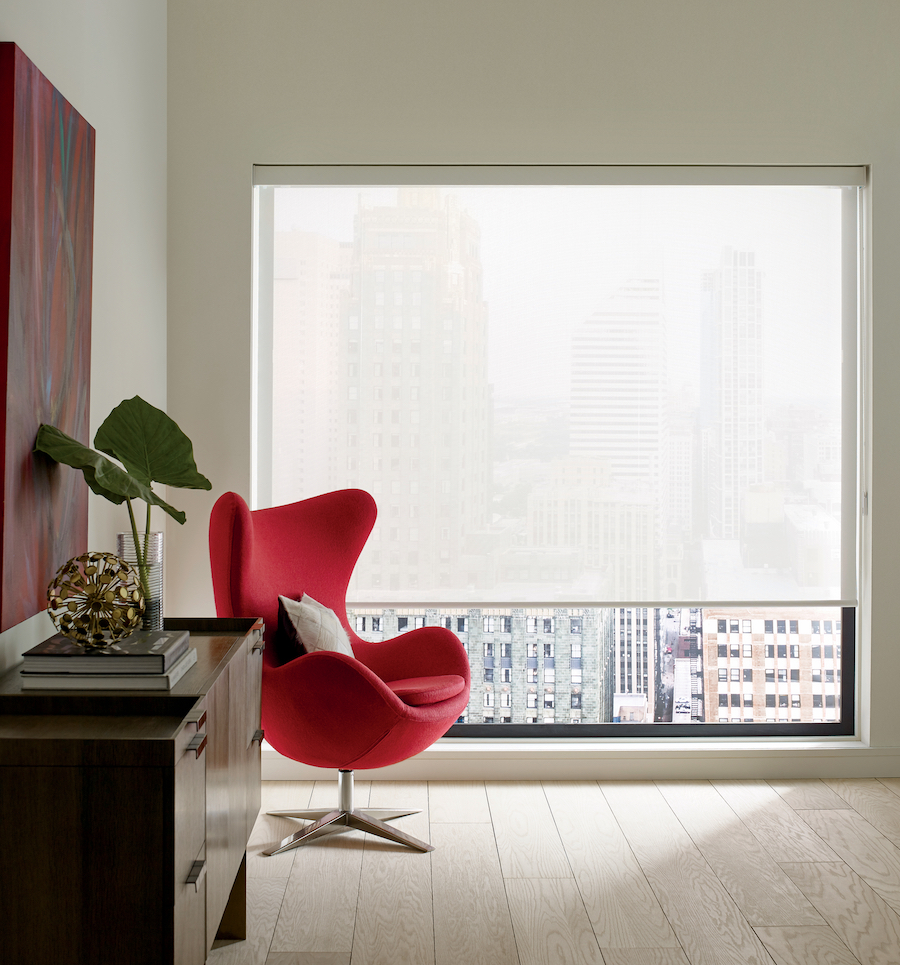 bedroom view Designer Screen Roller Shades with 1% Openess Factor timan window treatments