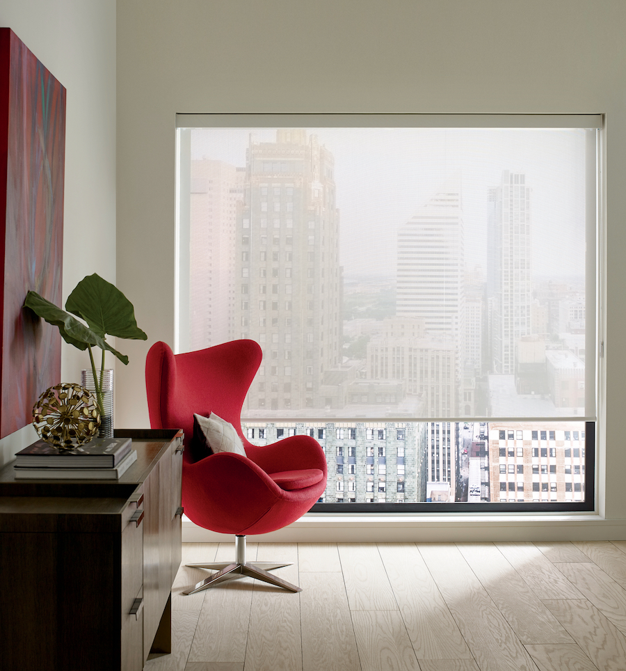 Bedroom view Designer Screen Roller Shades with 10% Openess Factor