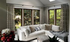 living room with taupe plaid drapes in Chagrin Falls OH