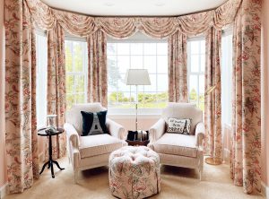 peach floral drapery in sitting room in Rocky River OH