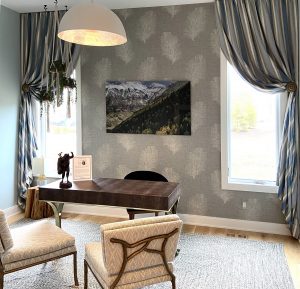 home office with gray and white wallpaper and custom drapery in Chagrin Falls OH
