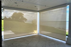 tile floor patio with floor to ceiling sun screen shades in Cleveland OH