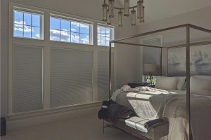 room darkening eye level shades in Cleveland bedroom