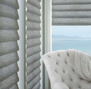 gray roman shades on large living room windows in Cleveland OH home
