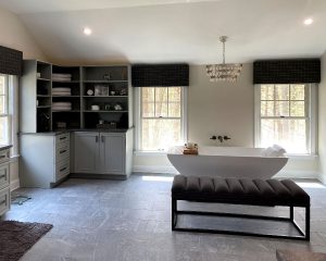 luxury master bathroom with dark window shadings in Cleveland, OH