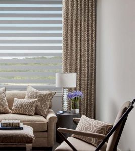floor to ceiling drapery and gray designer window shades in Cleveland, OH