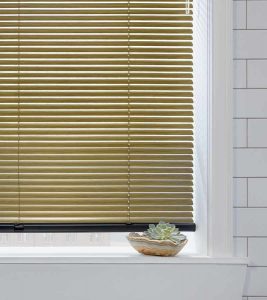 green colored automated decor metal blinds in modern bathroom Rocky River, OH