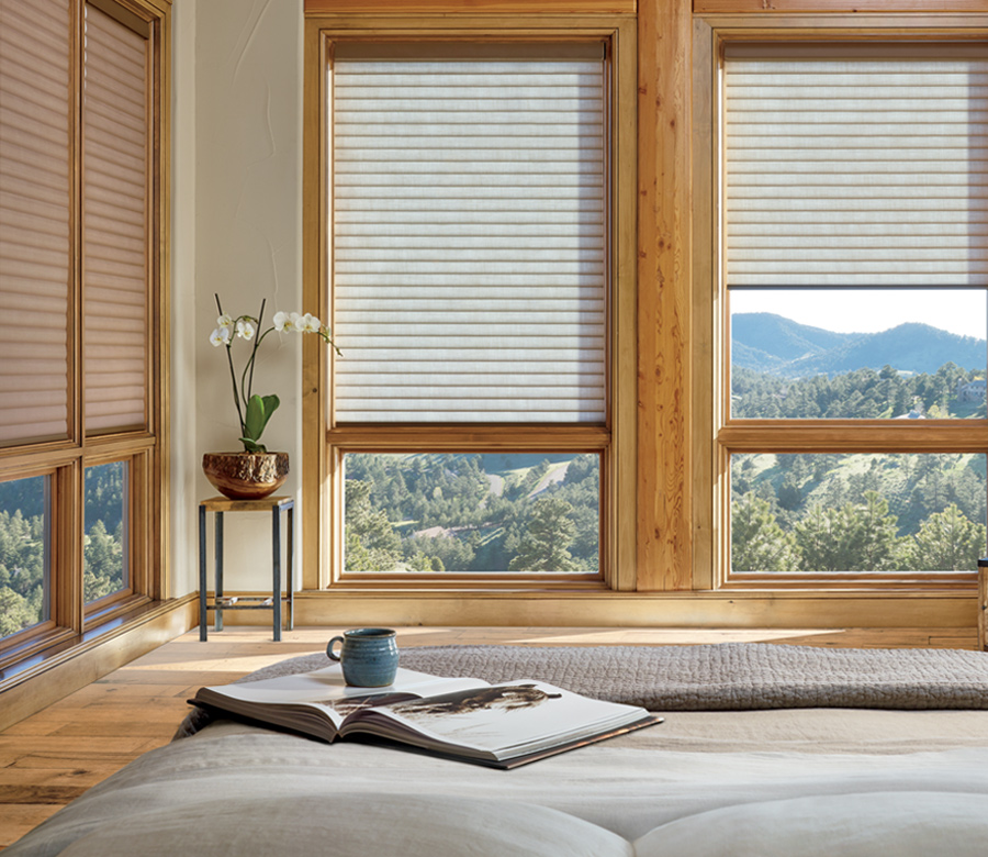 master bedroom with wood detail and hunter douglas themal window shades Rocky River