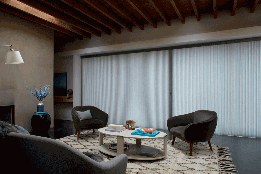 vertical honeycomb shades that slide open like sliding glass doors 