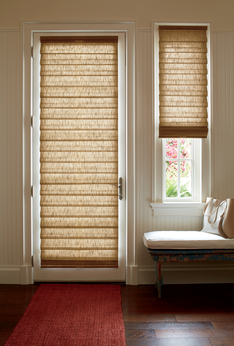 roman shades on front entry door and sidelights