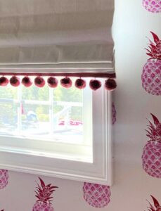 pink pineapple wallpaper and white roman shade in rocky river, OH