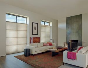 windows with black trim covered with honeycomb shades in Rocky River OH