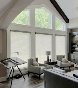 three living room roller shades in modern styled room Cleveland, OH