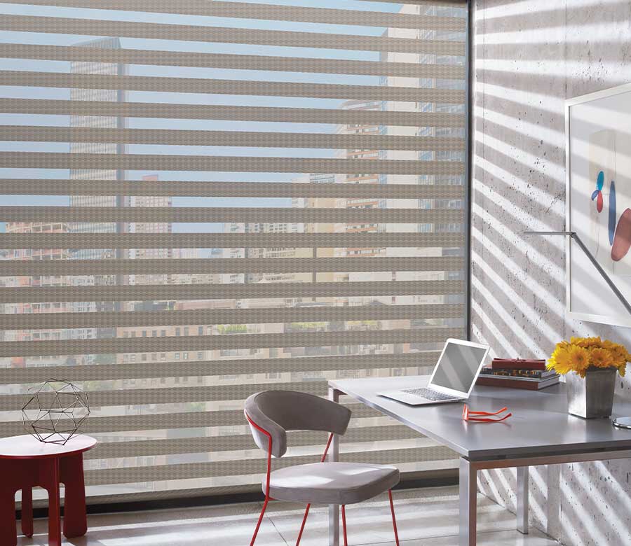 designer banded shades alternating light and privacy in home office space
