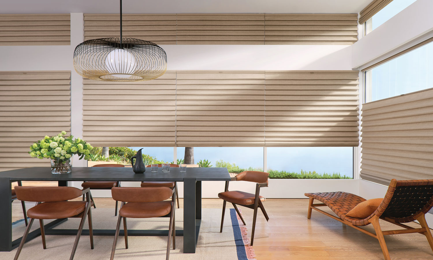 Westlake Oh area home with wall of roman shades over floor to ceiling windows