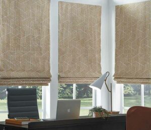 gold patterned custom roman shades for home office in Bainbridge OH