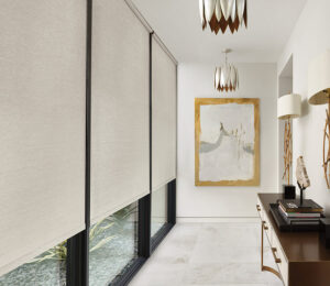 hallway in Avon Lake OH home with large windows facing outdoors with white fabric shades