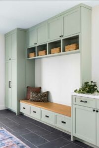soft green built-in mudroom