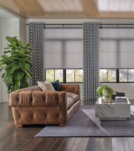 roller shades paired with drapery in living room