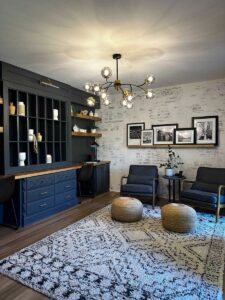 modern home office with built in shelving