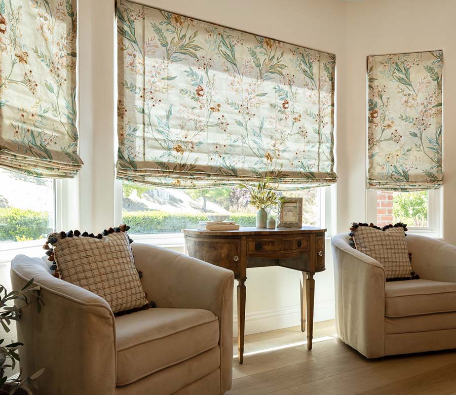 custom roman shades botanical floral textured fabrics