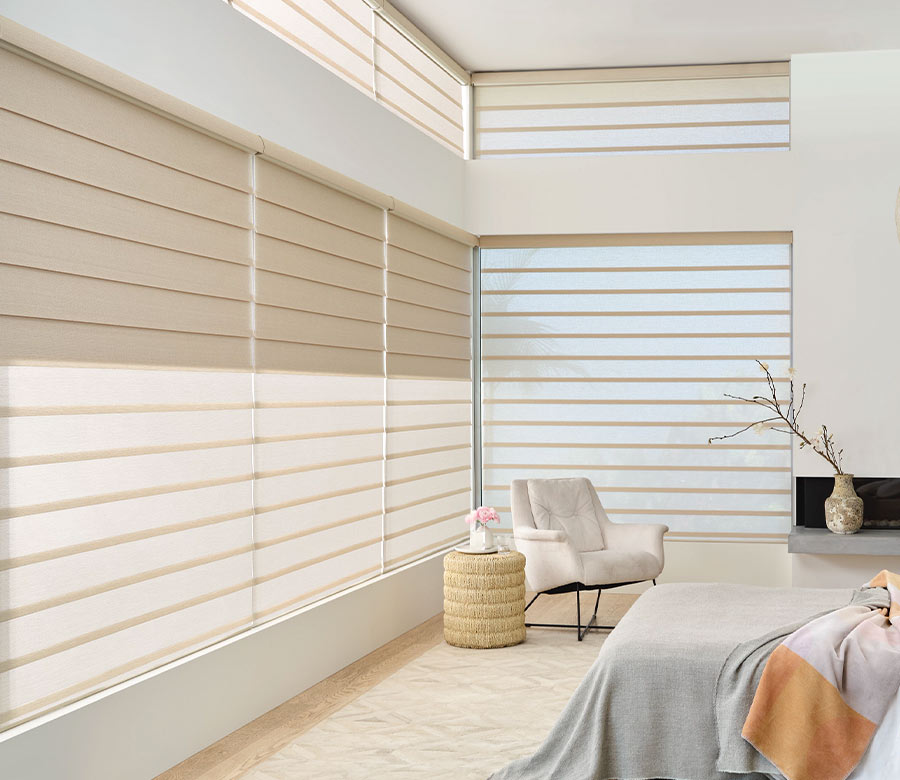 flat stacking custom roman shades large windows modern bedroom