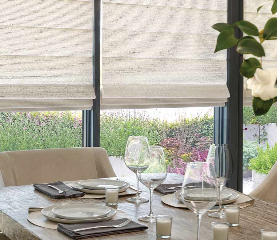 linen color roman shades dining room