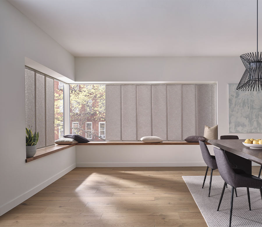 panel track blinds for corner kitchen window