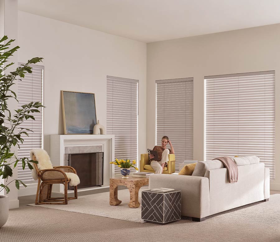 tall windows with fabric blinds in living room Northeastern Ohio