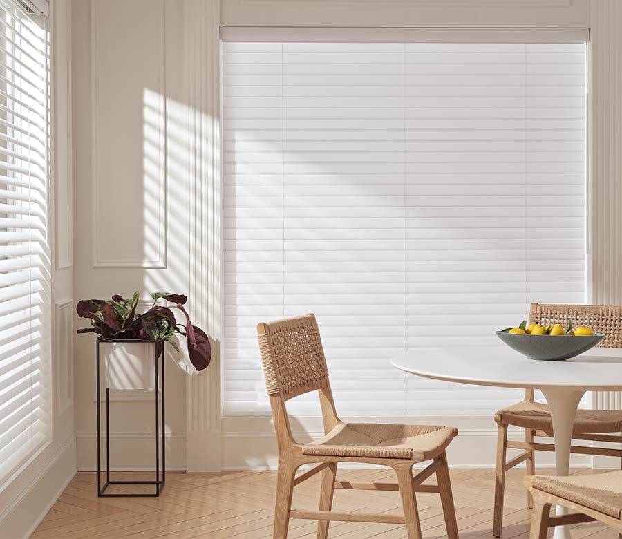 soft white fabric blinds on large windows in kitchen