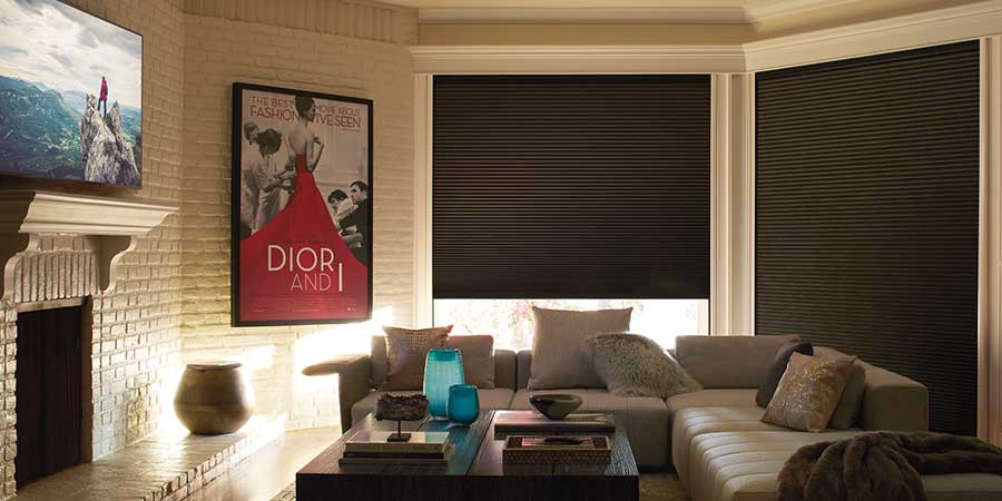 black out shades black in living area with poster on wall