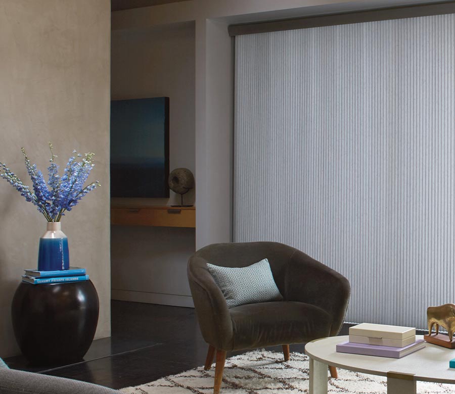 living room with white duette vertiglide vertical cellular shades on sliding glass door