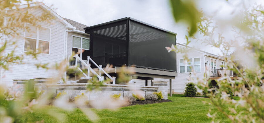 exterior shades in black on outdoor patio