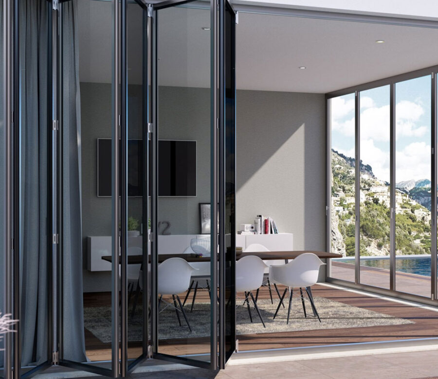 black folding glass doors outdoors timan and co