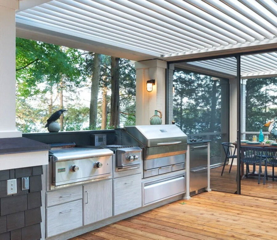 black and gray large outdoor cabinet under pergola