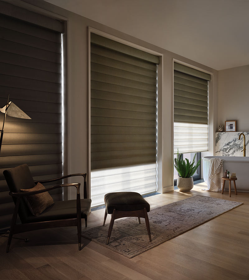 large windows with green room darkening blinds in Chagrin Falls OH
