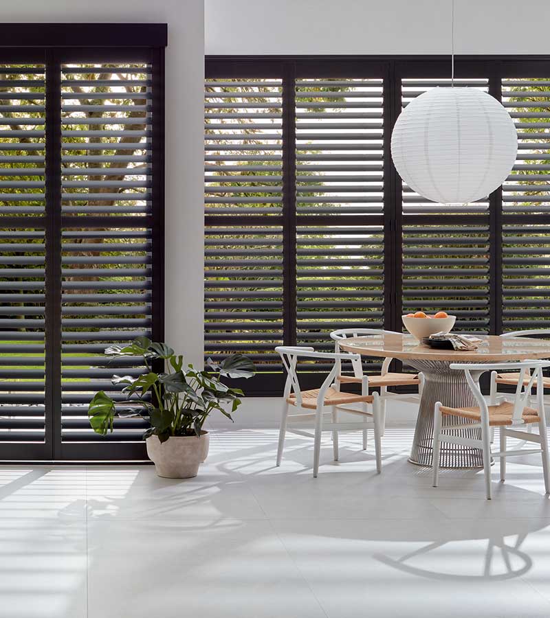 kitchen with black wood heritance shutters