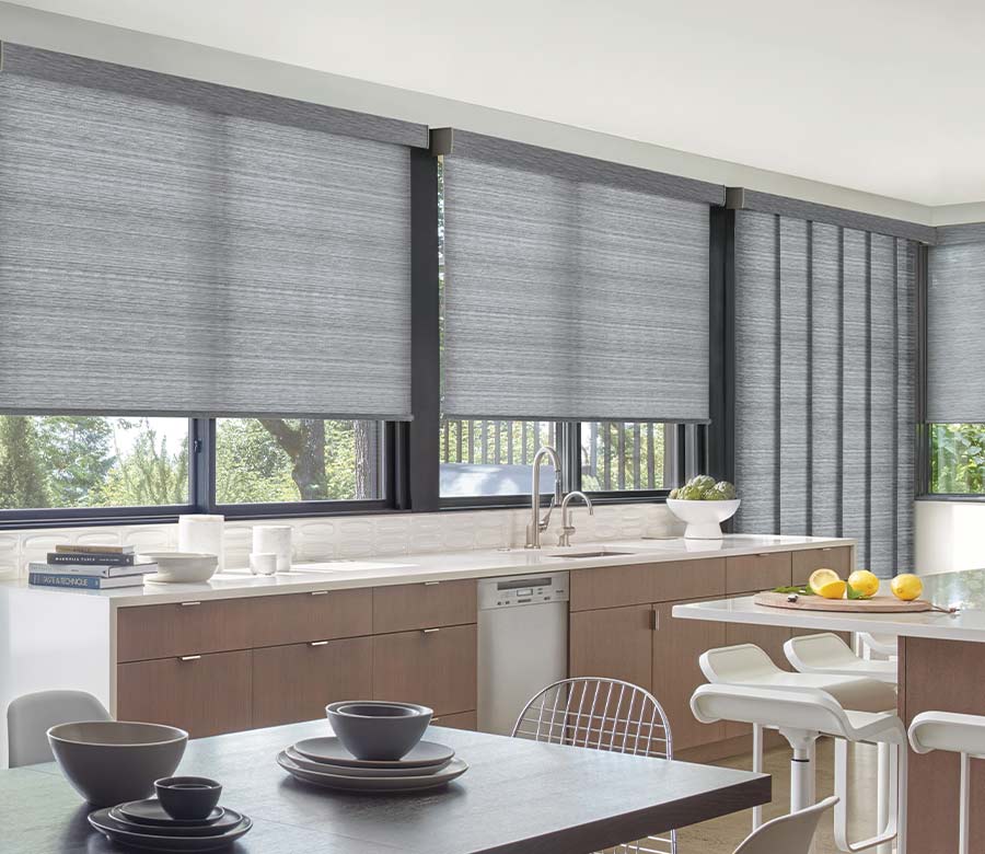 blue gray designer roller shades in kitchen