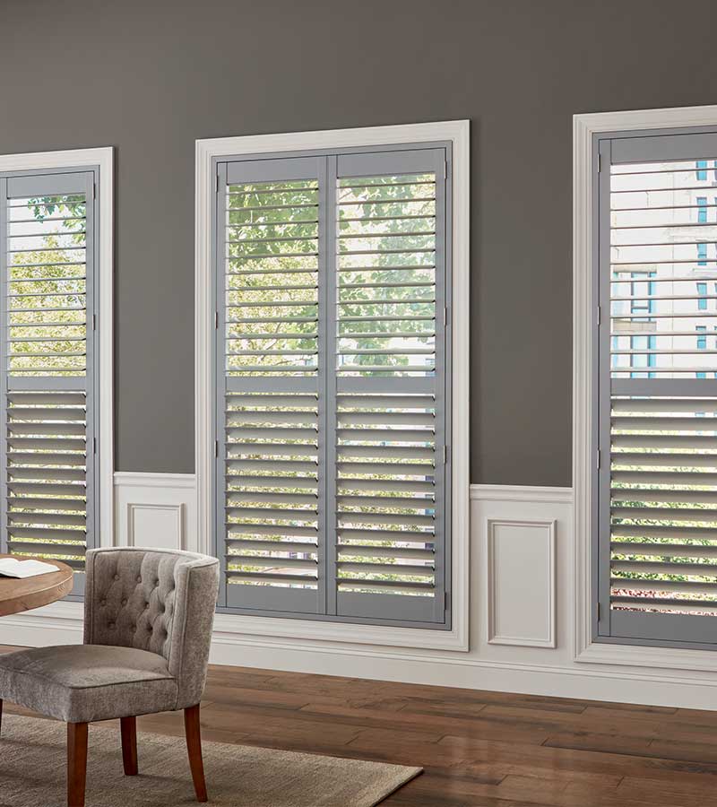 gray heritance shutters in dining room