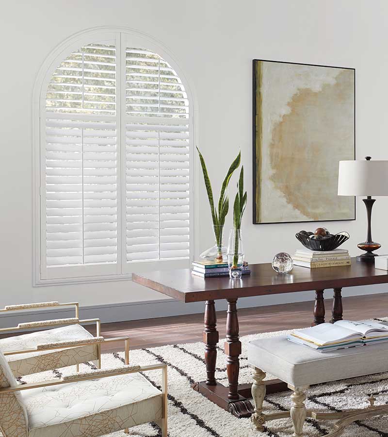 white specialty shape new style shutters in home office