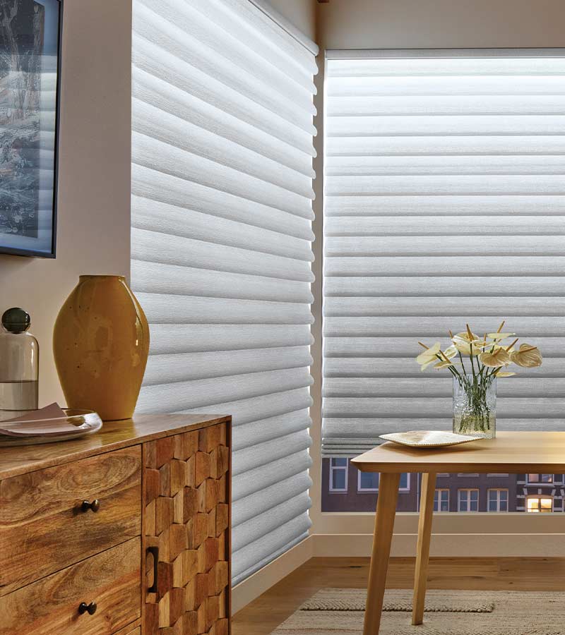 aura white window shades in dining room on roman shades
